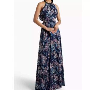 Marchesa Notte Navy Blue Floral Halter Maxi Dress| Size 10